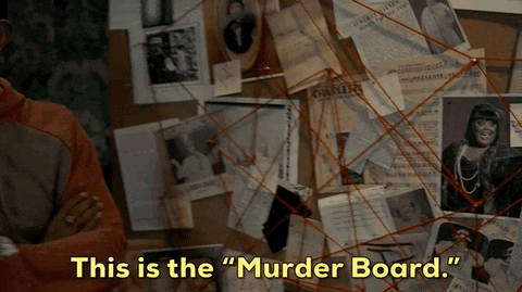 Detective pinning red string on an evidence board, captioned 'This is the Murder Board'