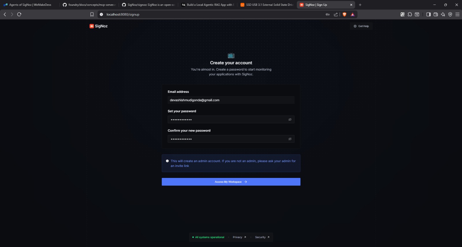 SigNoz sign-up screen, fresh install, no data yet