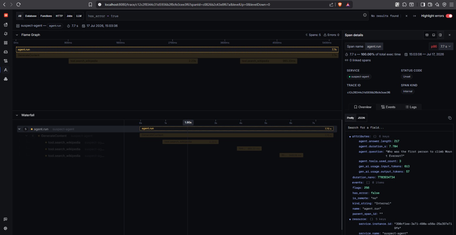 SigNoz trace waterfall showing the agent.run span with multiple tool.search_wikipedia child spans
