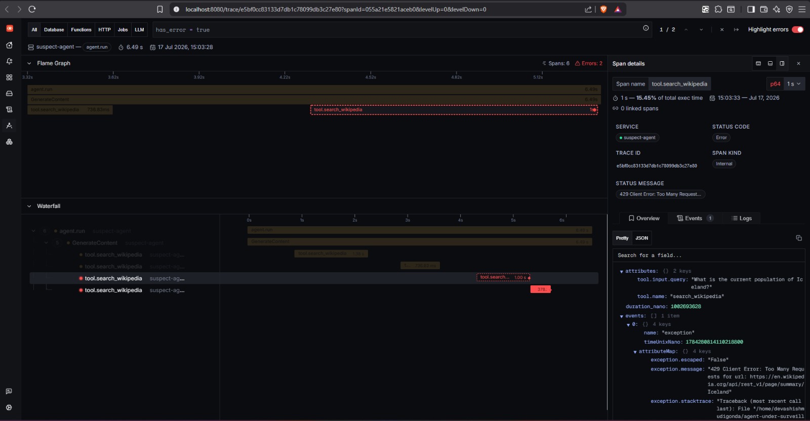 The Interrogation Room dashboard in SigNoz, showing Token Burn, Alibis, Lies Caught, and Response Time panels