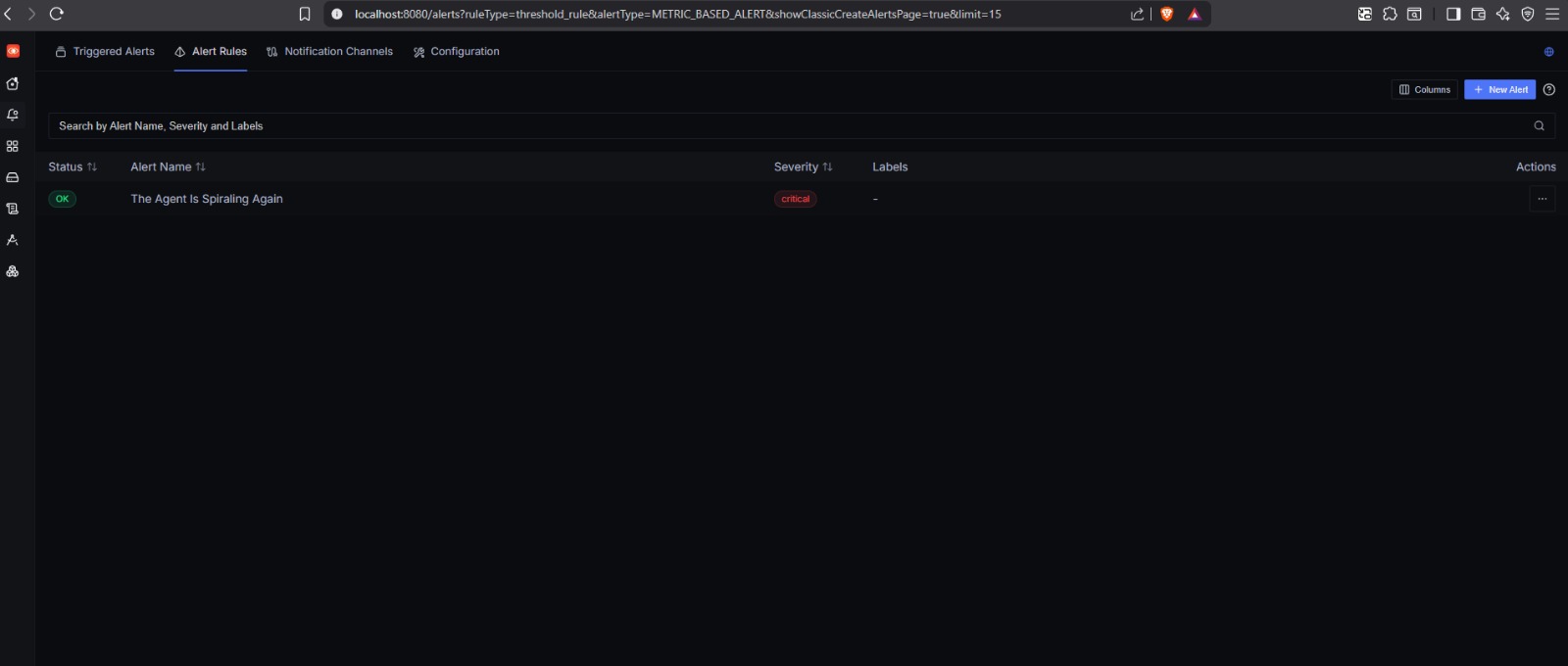 SigNoz Alert Rules page showing a critical threshold alert named The Agent Is Spiraling Again